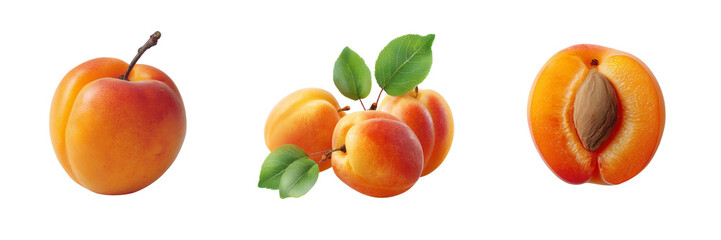 Ripe apricots whole and halved with green leaves and a pit isolated on a transparent background fruit