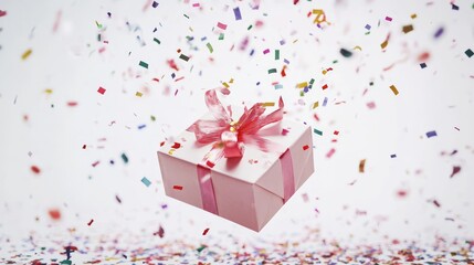 Elegant gift package opening in slow motion against pure white background, multicolored confetti particles suspended in air, celebration captured in perfect moment