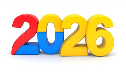3D rendered, colorful numbers spelling the year 2026. White background