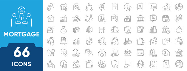 Mortgage Line Icon Set. Features icons for loan, property, interest rate, finance, credit, investment, and home ownership. Perfect for banking, real estate, and financial projects