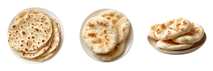 Stack of flatbreads on white plates and a small bowl isolated on a transparent background food dough
