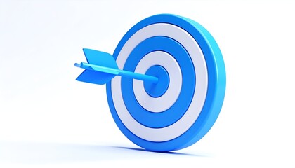 3D render of a blue and white bullseye with a blue arrow hitting the center
