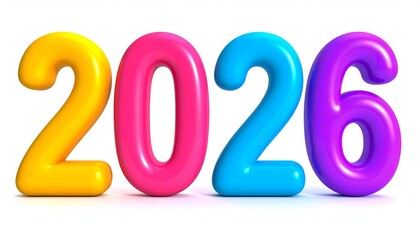 3D render of the number 2026 in bold, glossy, rainbow-colored, inflatable style