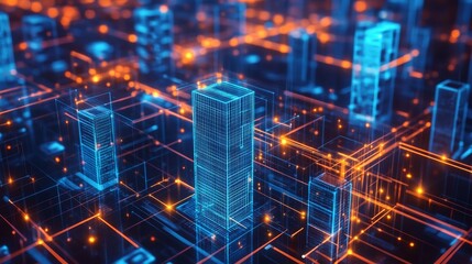 Futuristic representation of SaaS architecture with translucent server towers connected by light paths, data visualization aesthetic, corporate technology solution