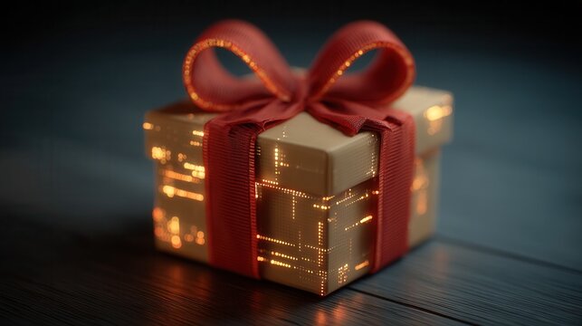 valentine technology concept. Gift box with a red ribbon on a dark wooden surface.