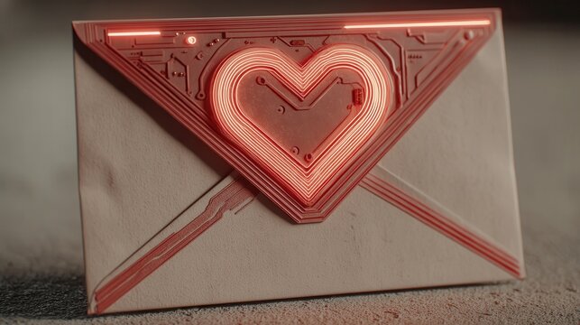 valentine technology concept. Digital envelope featuring a heart-shaped circuit design.