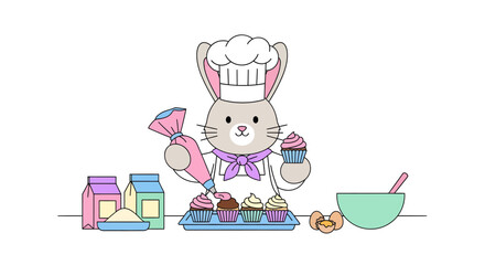 Adorable cartoon bunny chef expertly decorating delightful cupcakes with frosting, surrounded by baking ingredients for a sweet celebration.