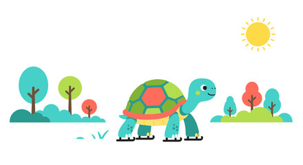 Adorable cartoon turtle skates joyfully through a sunny park with colorful trees and bright blue sky