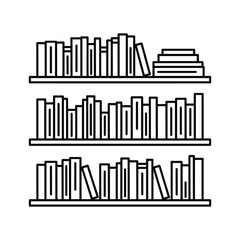 Bookshelves icon with organized and tilted books on three separate shelves, representing education and knowledge