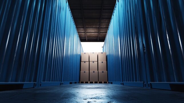 Ultra-slow motion capture of blue shipping container doors swinging open to reveal perfectly stacked cardboard boxes inside, dramatic lighting streaming through opening, depth perspective