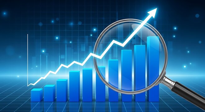 Blue Bar Graph Growth Magnified upward trend arrow - Powered by Adobe