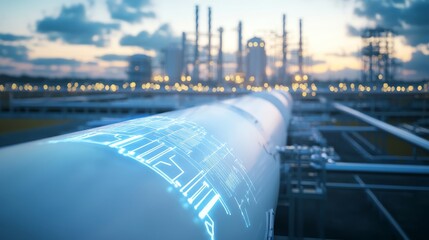 A close-up view of a white hydrogen gas storage tank with a glossy finish, detailed pipeline connections, and a digital display showing energy levels, set against a backdrop of a sustainable energy
