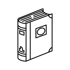 Simple line art icon of a closed book, standing upright, representing education, knowledge, learning, and stories on display.