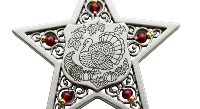 Close-up of a silver star-shaped brooch with a peacock