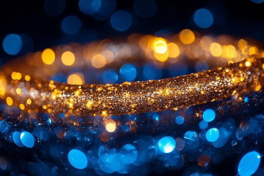 Gold and blue bokeh lights in a studio with a dark background, creating a festive and celebratory atmosphere. The vibrant colors and sparkling effects make it perfect for event, Generative AI - Powered by Adobe