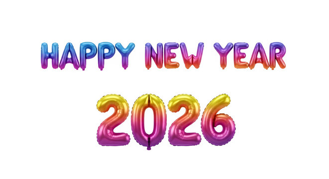 Happy new year 2026 text with colorful metallic balloons on a black background - Powered by Adobe
