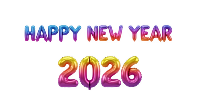 Happy new year 2026 text with colorful metallic balloons on a black background