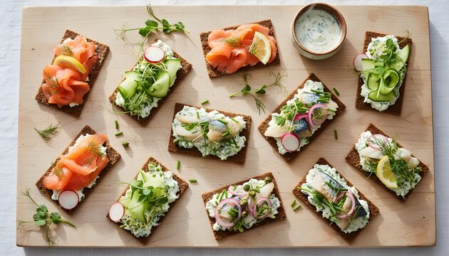 Delicious open-faced crispbread sandwiches with smoked salmon, fresh vegetables, and pickled herring, beautifully arranged as a healthy appetizer