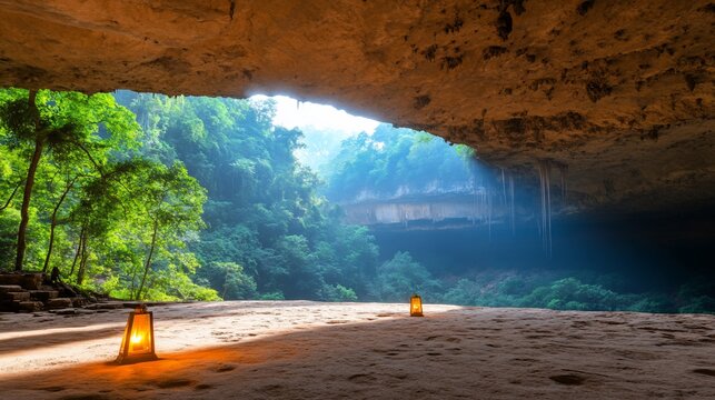 Grutas de Tolantongo Cave Lanterns Illuminate a Mystical Grotto with Lush Greenery.