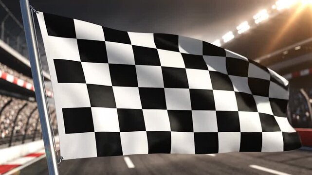 A checkered flag waves on a racetrack, signifying the end of a race. Stadium and track blurred