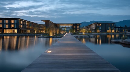 Obraz premium A modern hotel on a lakefront with a floating dock extending the building illuminated by soft natural light