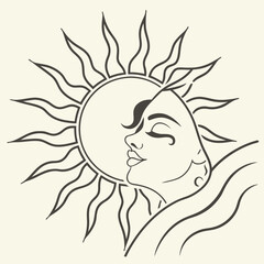 Sun and moon face line art illustration isolated on