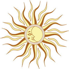 Smiling sun and moon face with rays isolated on