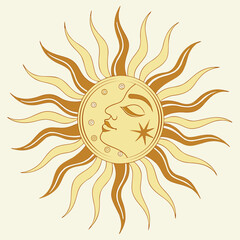 Sun and moon face with star isolated on