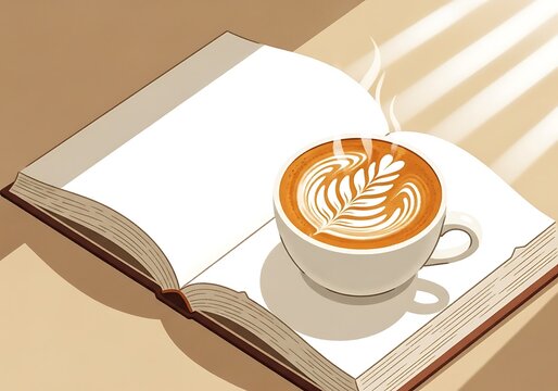 Cozy morning coffee and open book with latte art