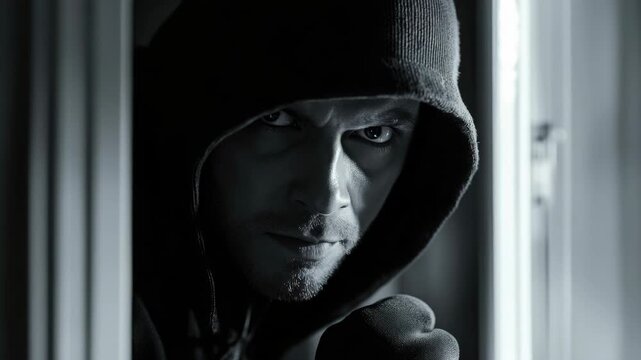 Man in hooded jacket gazes intensely with unreadable expression, suggesting mystery and intrigue.