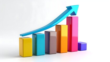 A 3D rendered image of a colorful bar graph with an upward pointing blue arrow