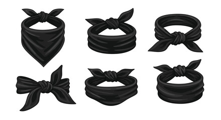 A collection of six distinct black bandana styles, showcasing various ways to tie and wear this versatile fashion accessory for different looks.