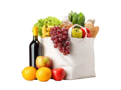 Fresh produce and wine in reusable bag groceries fruits, Isolated, Png Transparent Background - Powered by Adobe