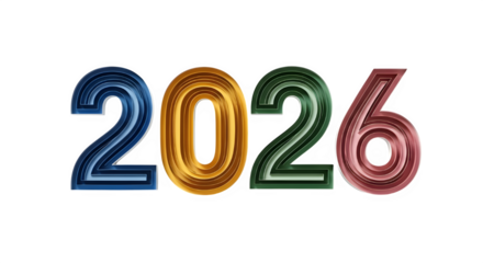 Vibrant glowing numbers 2026 in bold 3d style with colorful light effects on black background