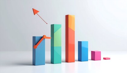 3D-rendered, colorful bar graph with upward trending arrow, business success concept