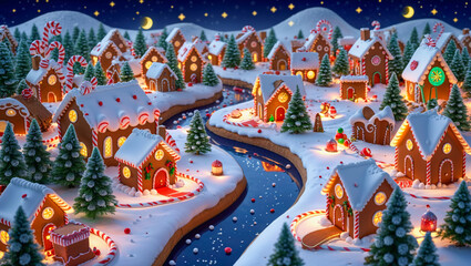 AI-generated image of a winter wonderland of Christmas spirits, where gingerbread houses, candy cane trees, and a chocolate river come to life