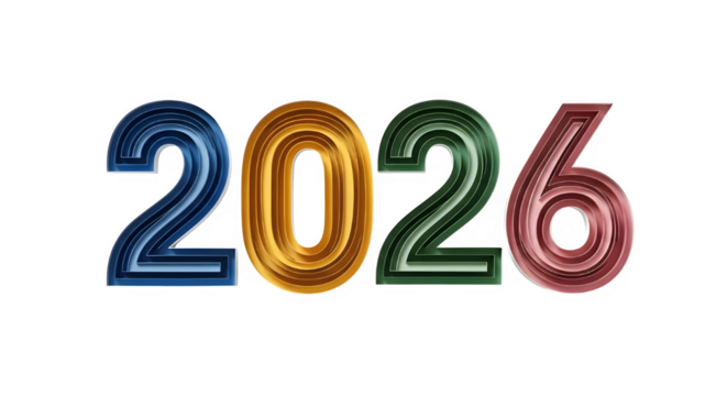 Vibrant glowing numbers 2026 in bold 3d style with colorful light effects on black background