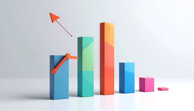 3D-rendered, colorful bar graph with upward trending arrow, business success concept