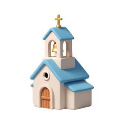 Charming small blue-roof church miniature with white walls and golden cross, detailed architectural decor render isolated on a transparent background, png, cutout.