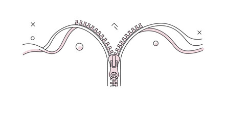 A minimalist line art illustration featuring an open zipper forming two elegant arches, with subtle pink accents and abstract shapes on a white canvas.