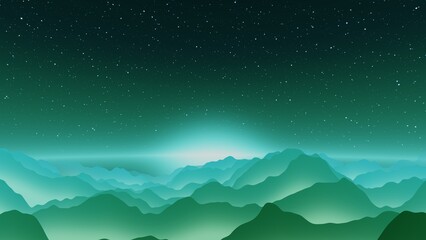 Fototapeta premium Dreamy abstract landscape with soft layered mountain silhouettes in turquoise teal gradient and atmospheric fog under starry night sky background