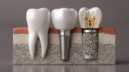 Realistic 3D dental illustration showing premolar implant installation with bone graft layer and membrane integration
