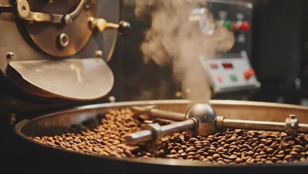 Freshly roasted coffee beans in industrial roaster releasing steam, capturing the aroma, heat, and process of artisanal coffee production.
