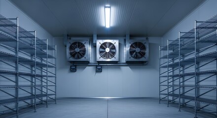 Industrial cold storage room with fans and shelving