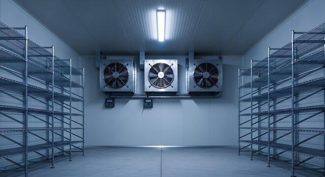 Industrial cold storage room with fans and shelving
