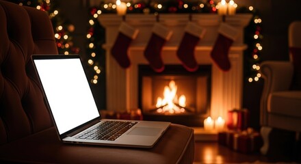 Laptop with a blank white screen on a chair in a cozy living room with a fireplace and Christmas decorations.