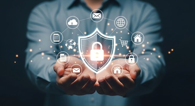 Digital security shield with connected icons padlock