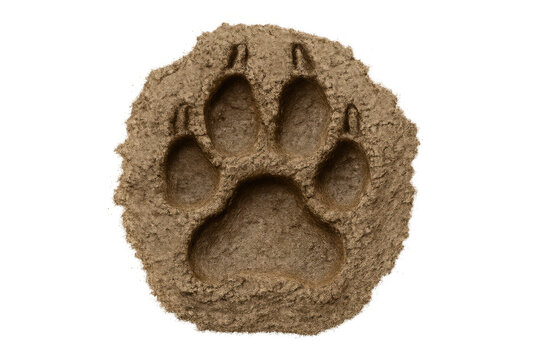 Canine paw print impression in mud or wet sand indicating animal tracking and wildlife activity, transparent background