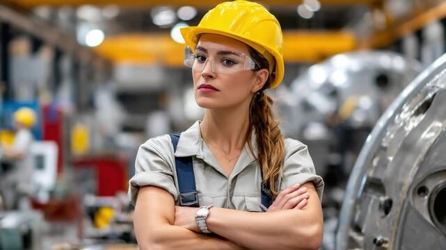 Empowered Engineering: A determined female engineer stands in a manufacturing facility, wearing a safety helmet and glasses, exuding confidence and expertise. 