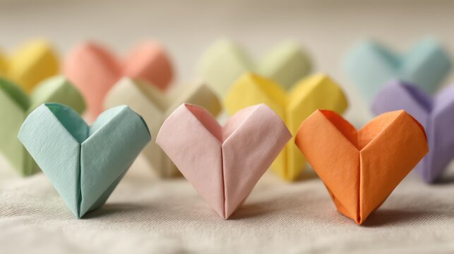 A repeating pastel background of neatly folded origami hearts placed on a soft neutral fabric Ultra-sharp focus captures - Powered by Adobe